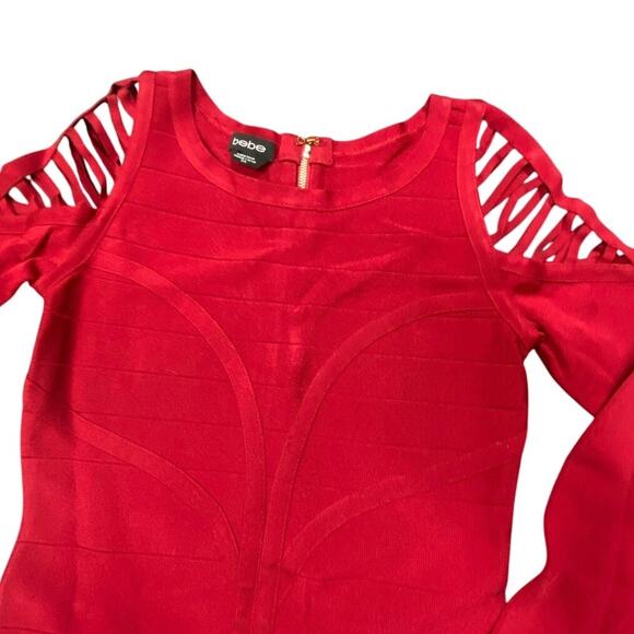 Bebe Red Bandage Bodycon Dress Women’s Medium Cutout Shoulder Long Sleeve Party - Picture 2 of 8